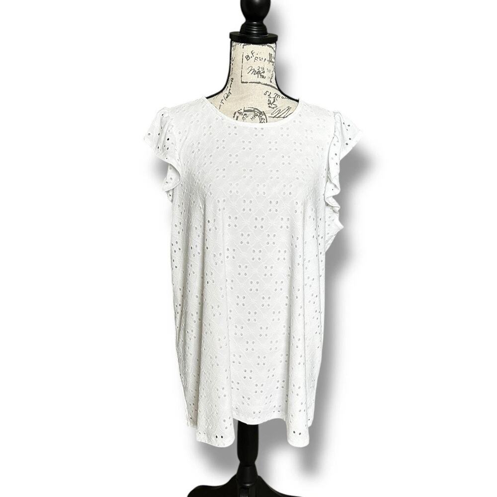New Torrid Plus Eyelet Jersey Crew Neck Ruffle Sleeve Top Bright White Size 2 2X
